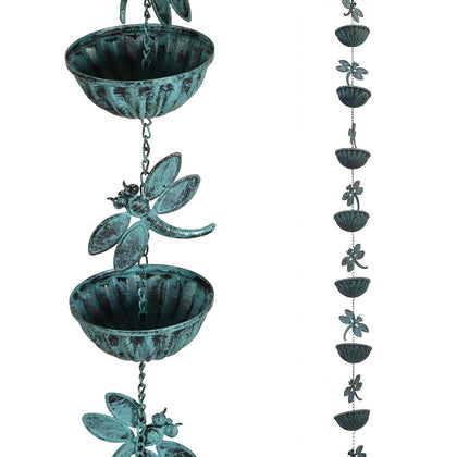 Retrome Dragonfly Rain Chain silhouette guiding water gracefully.