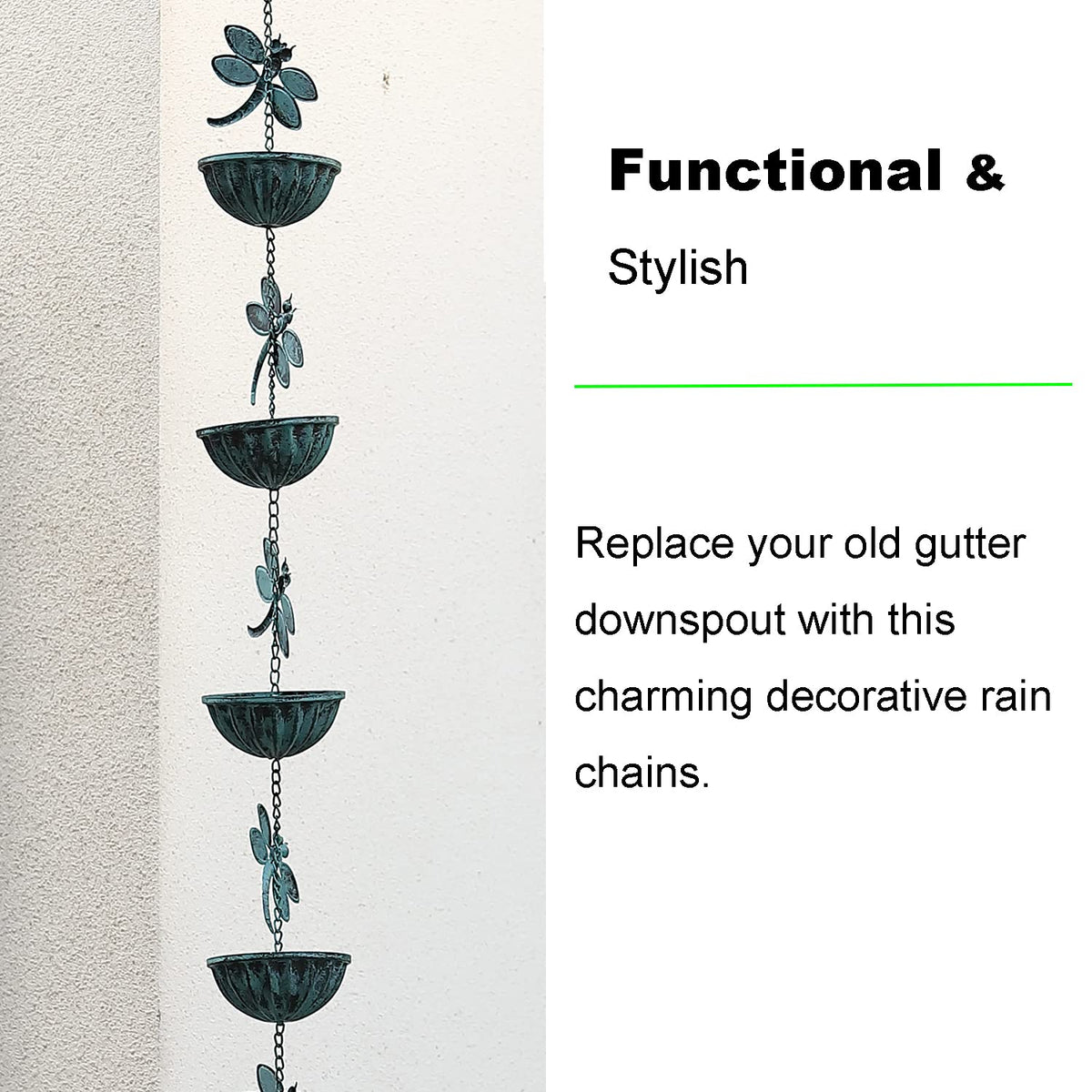 Retrome iron rain chain enhances curb appeal and garden ambiance.