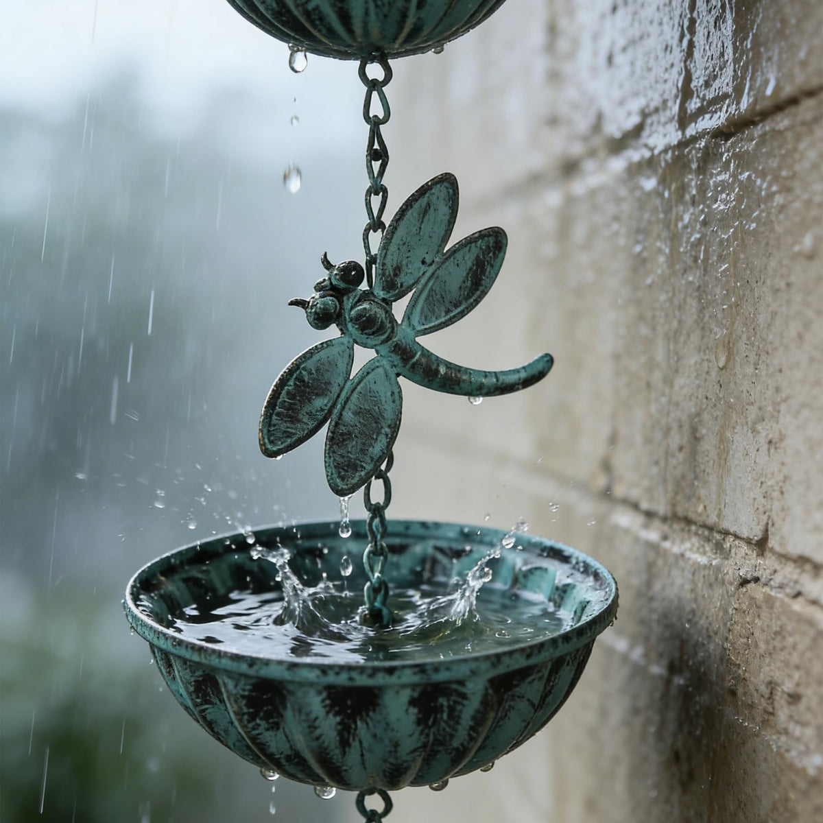 Retrome rain chain top hook offers easy hanging from overhead.