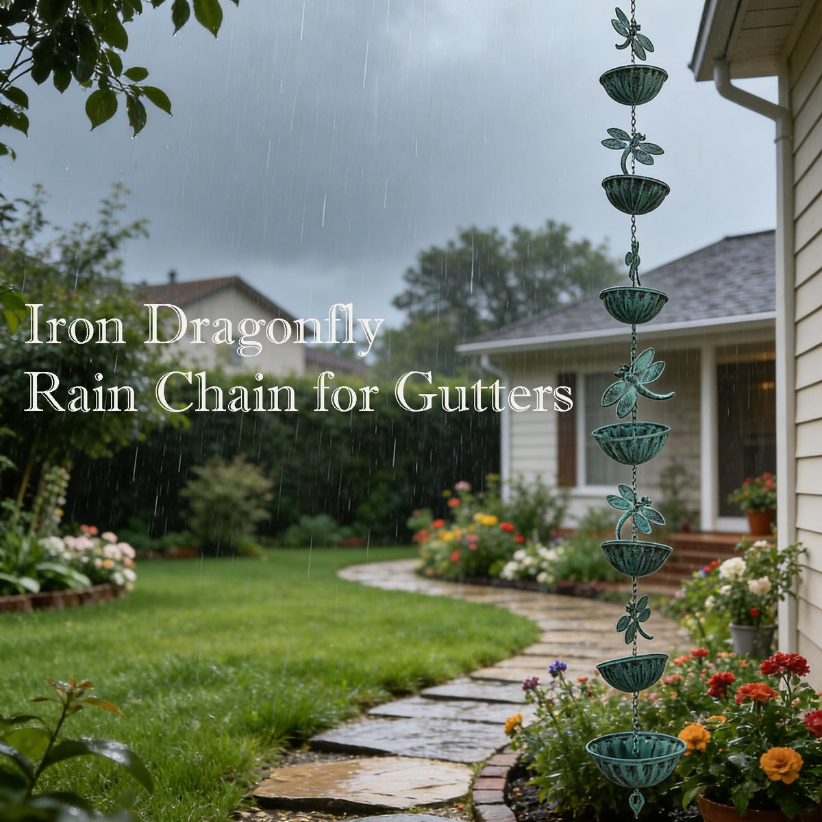 Retrome Dragonfly rain chain holes channel water from roof to ground.