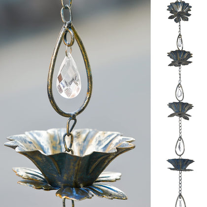 Retrome lotus bowls rain chain with copper finish gleams in sunlight over outdoor space