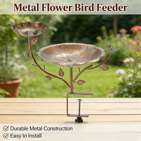 Retrome outdoor deck bird bath holds water and seeds for birds.