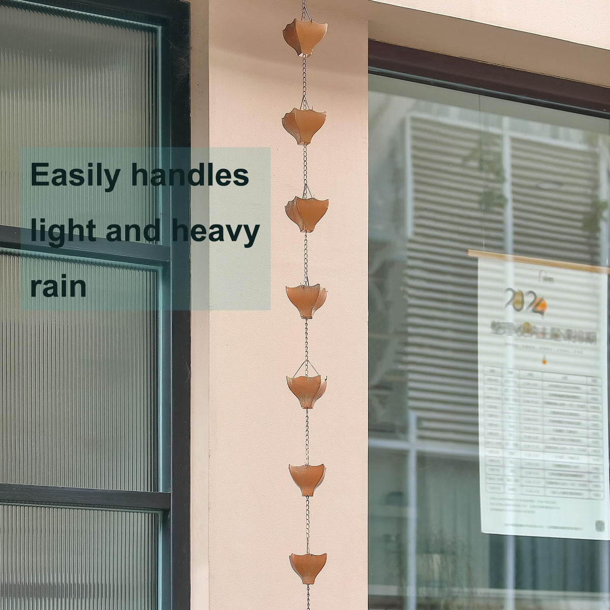 Retrome rain chain cups measure about 3.9 inches wide for steady flow.