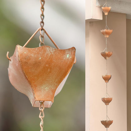 Retrome rain chain 8.5 feet with verdigris finish and tulip cups guides rain to ground.
