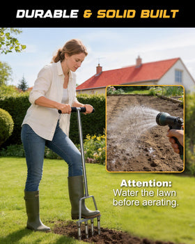 RETRUE extended handle minimizes bending for comfortable lawn care.