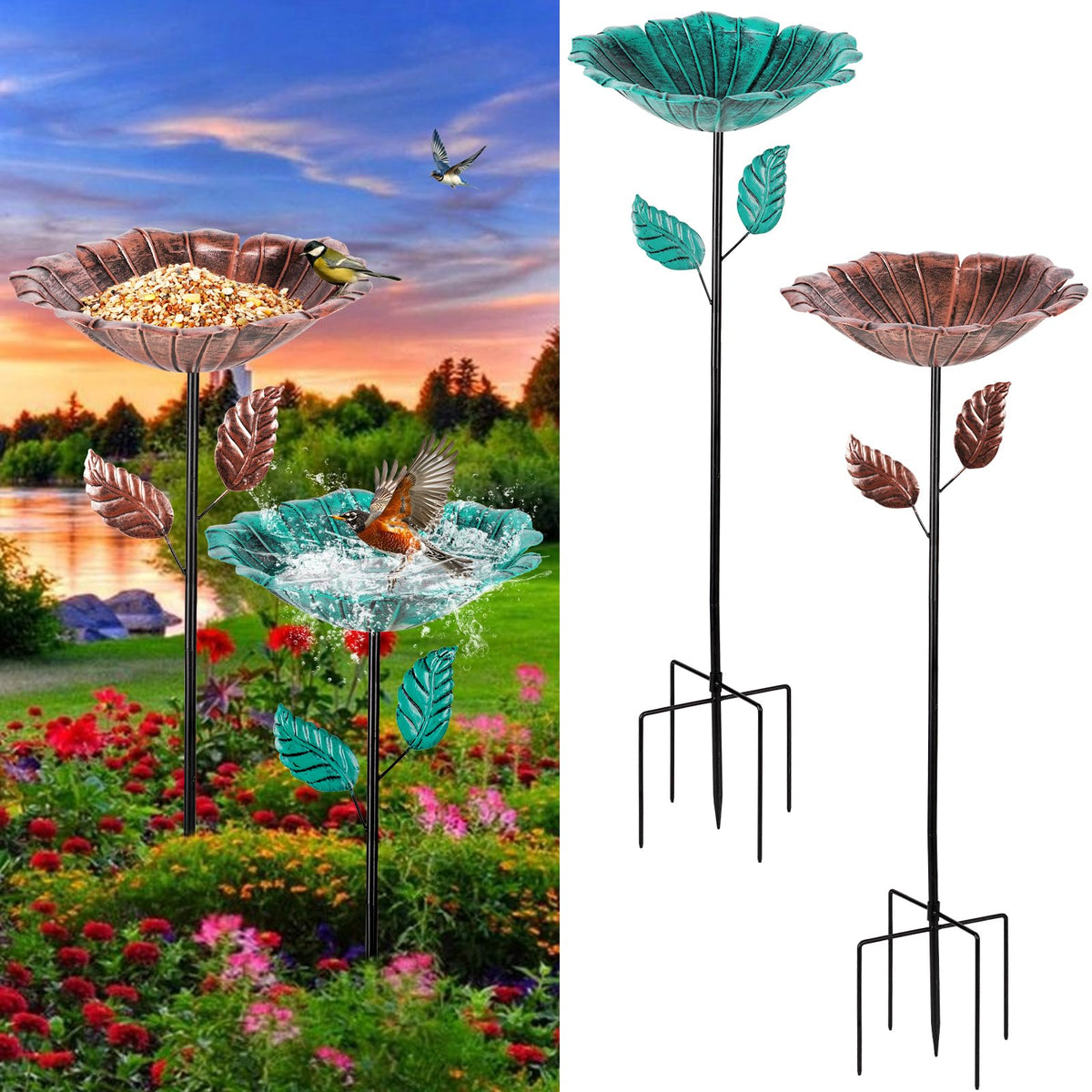 Retyion bird bath flower bowl in bronze green attracts birds to your garden.