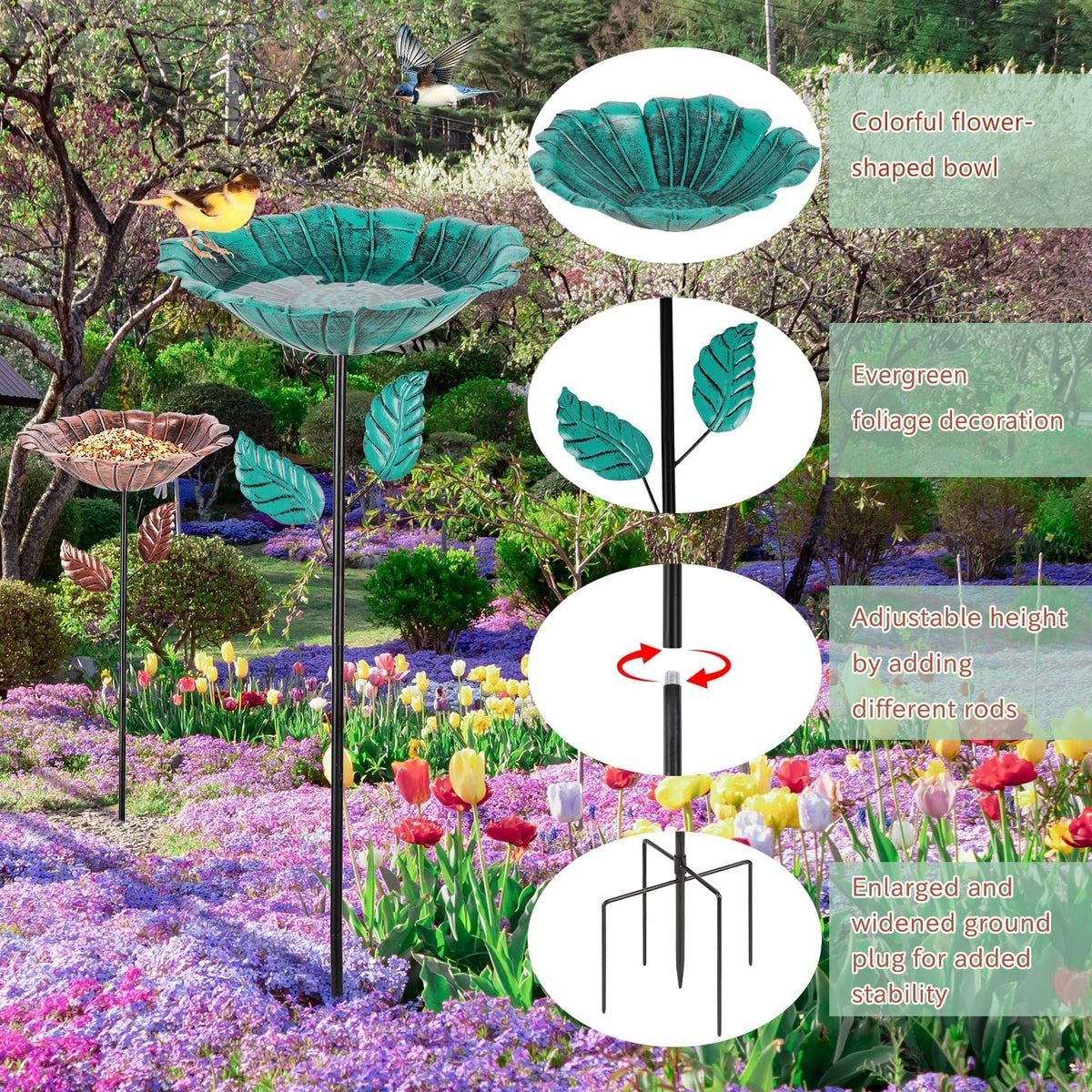 Retyion hummingbird bath with five stakes showcases floral garden decor.