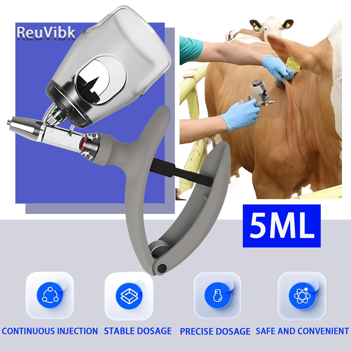 ReuVibk ergonomic curved handle and secure needle connection for comfortable handling.