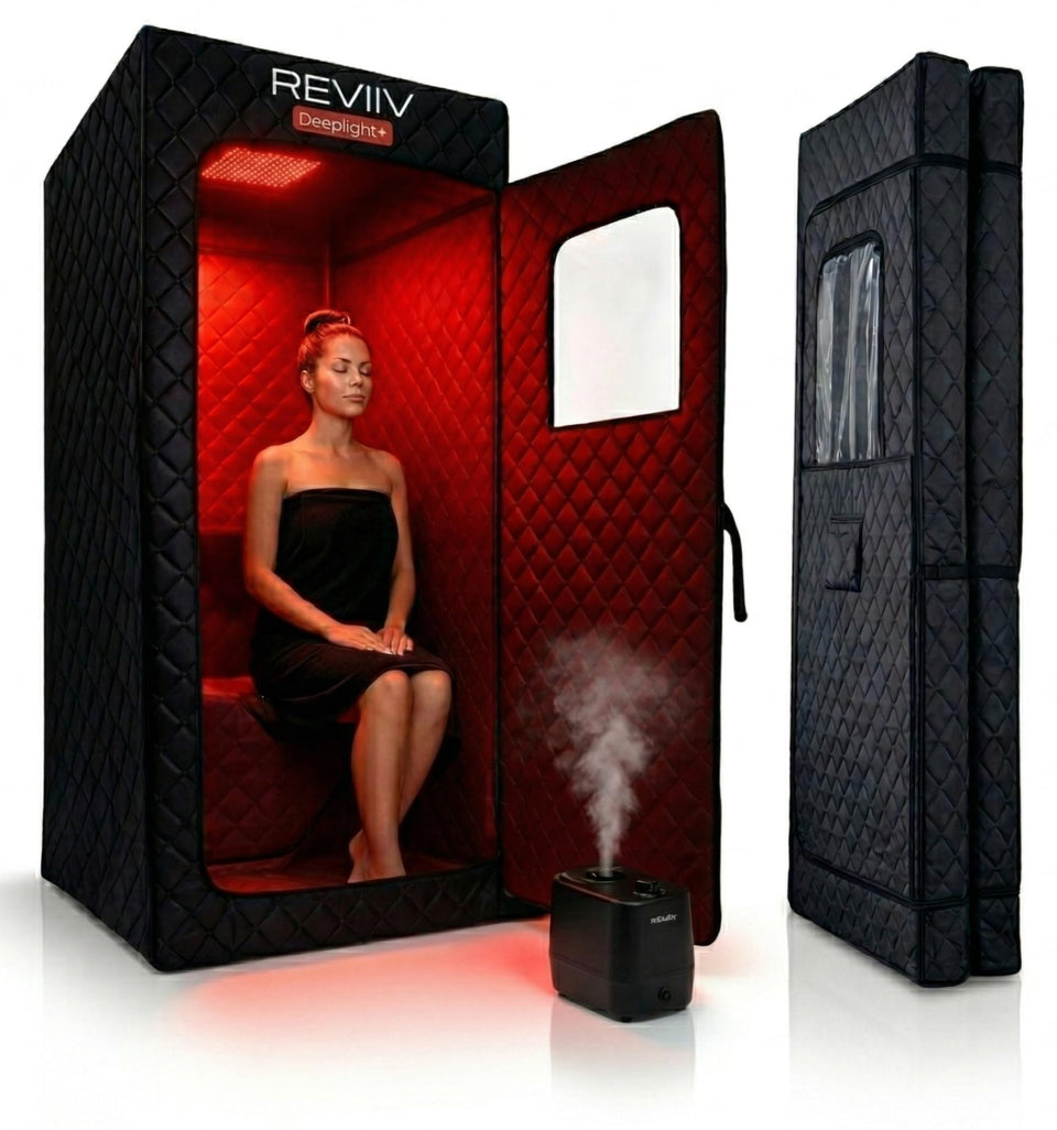 REVIIV portable steam sauna box full setup for a comfortable home spa.