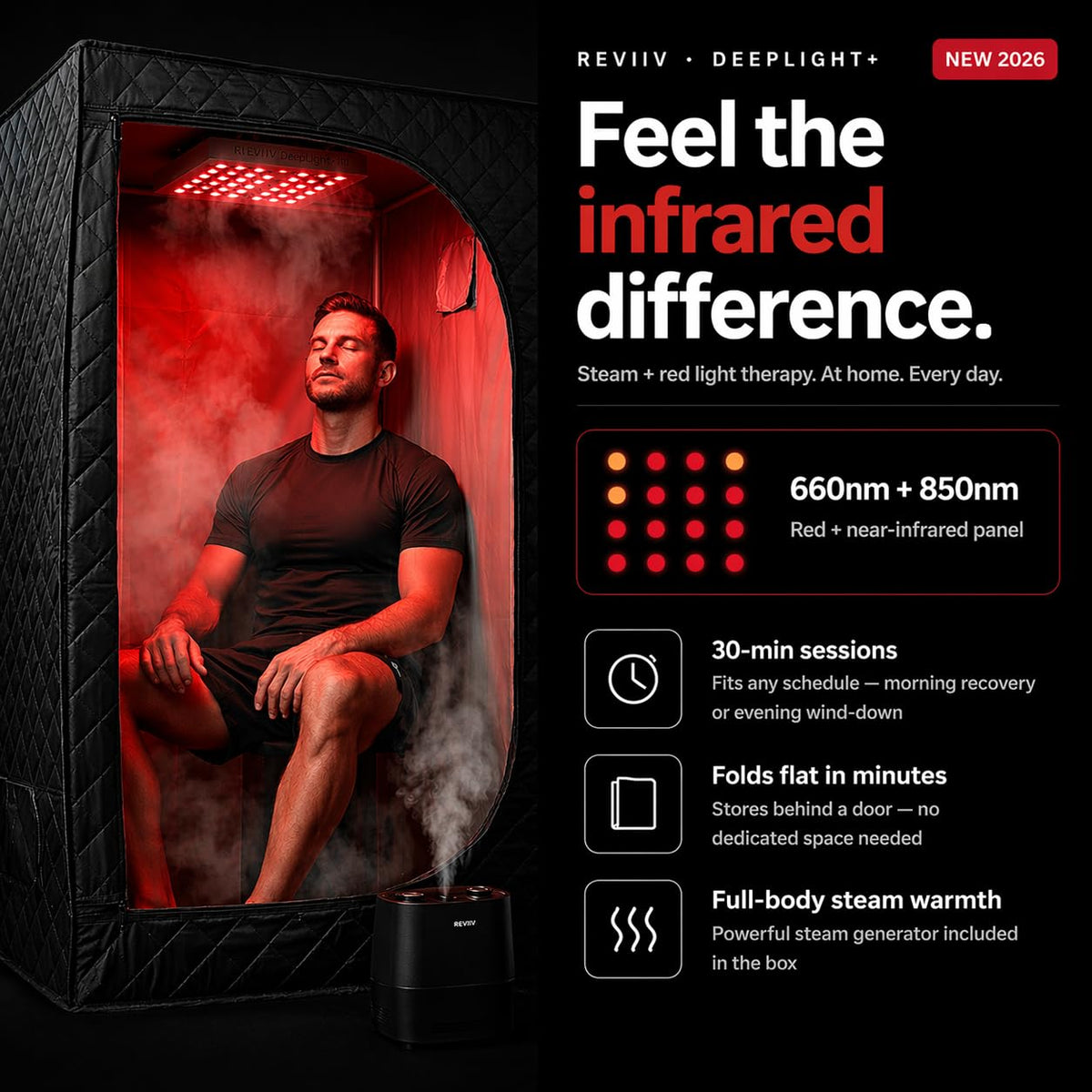 REVIIV steam sauna box tall design showing 71-inch height for full-body coverage.