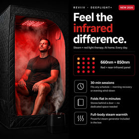 REVIIV steam sauna box tall design showing 71-inch height for full-body coverage.