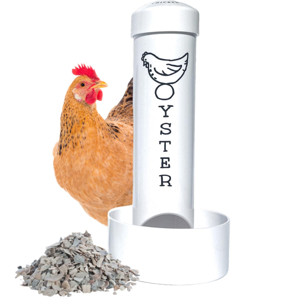 Revolutionary Chicken oyster shell feeder mounted on coop for easy calcium access.