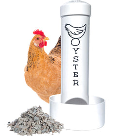 Revolutionary Chicken oyster shell feeder mounted on coop for easy calcium access.