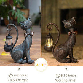 REYISO antique bronze cat statue close-up with verdigris patina