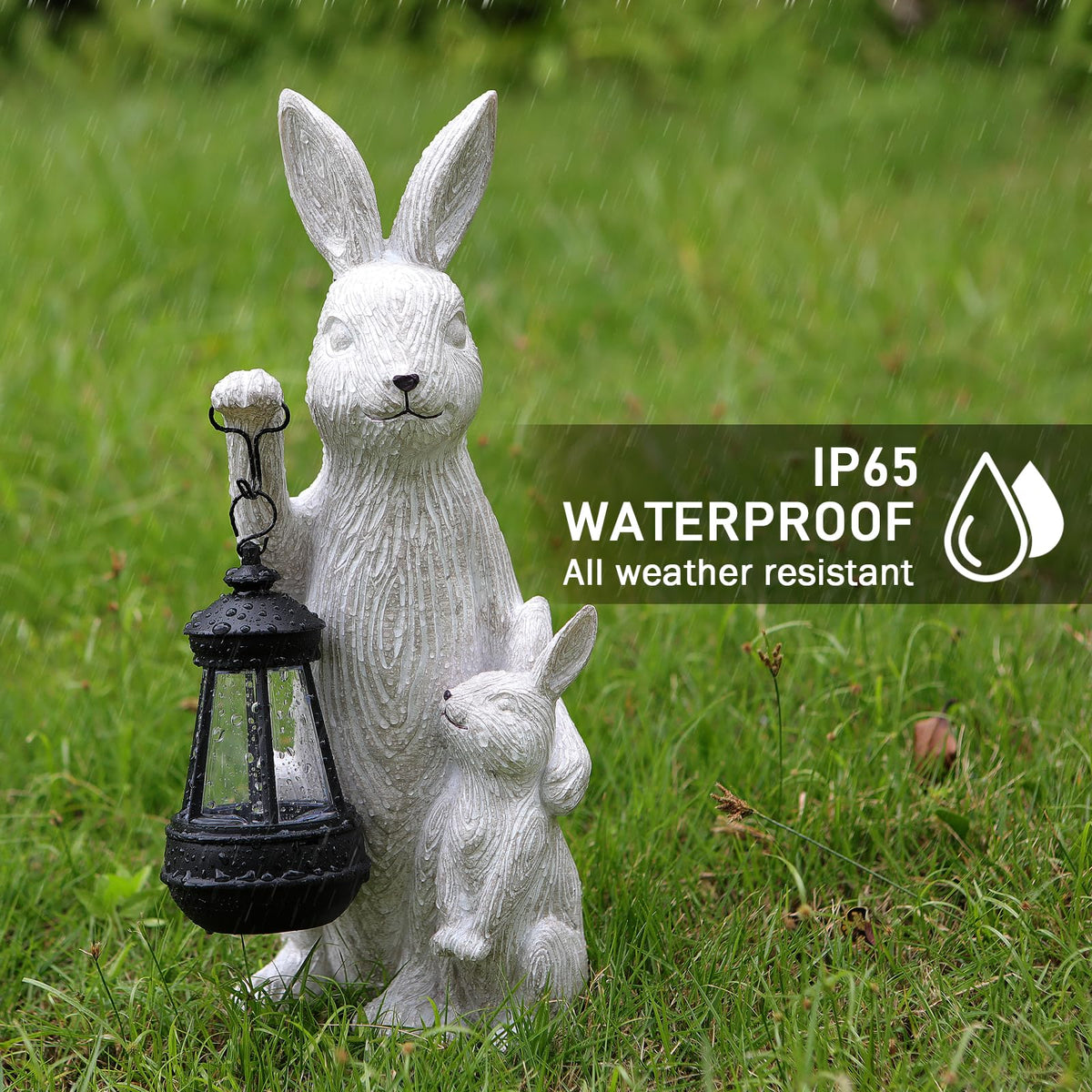 REYISO rabbit figurine on porch illuminates paths with solar power.