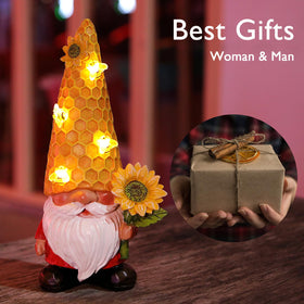 Solar-powered REYISO gnome lights yards with a warm glow after dusk.