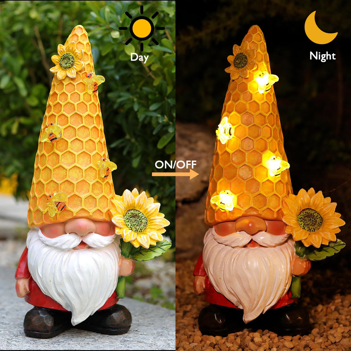 Vibrant hand-painted gnomes brighten any outdoor space.