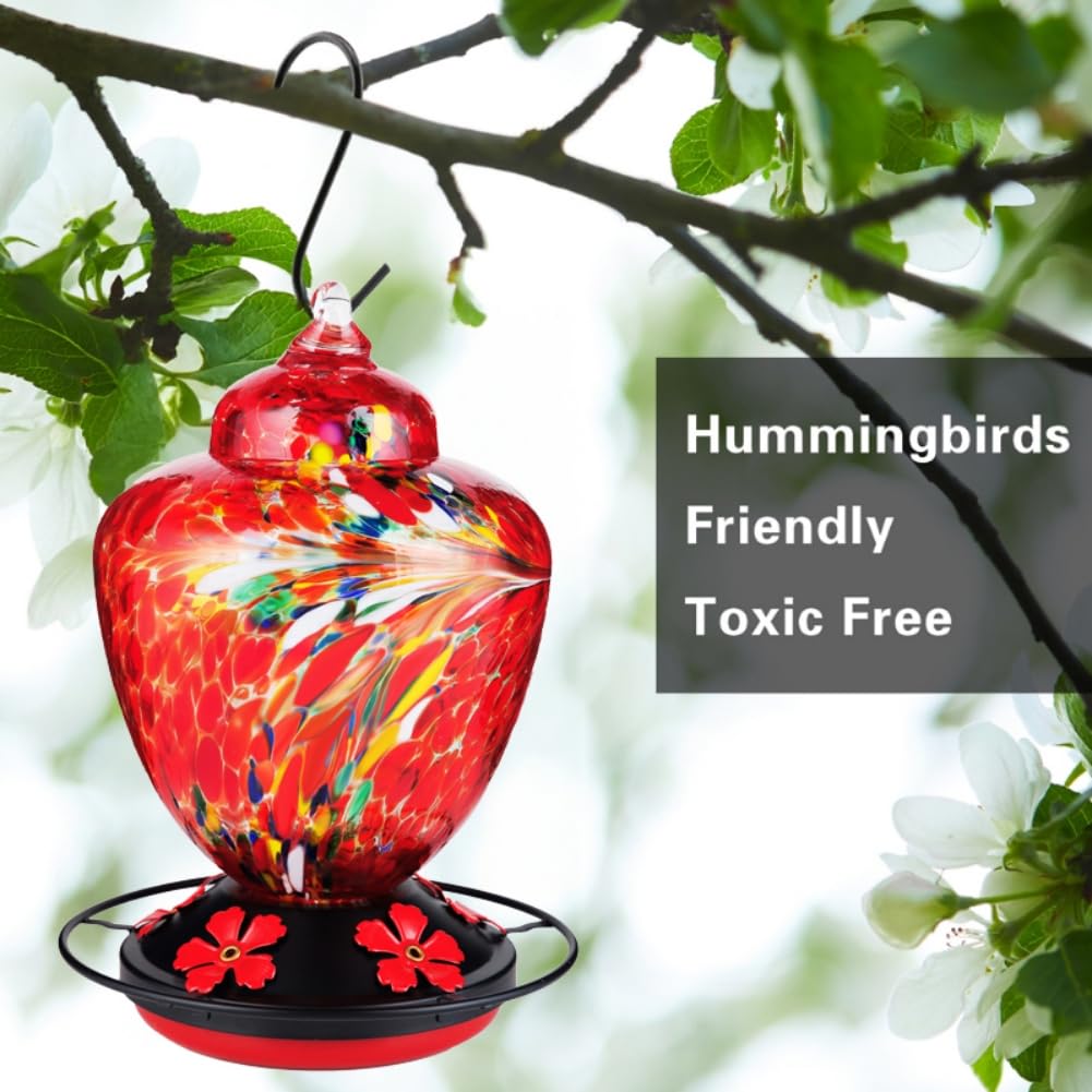REZIPO hand-blown glass feeder highlights craftsmanship and nectar visibility.