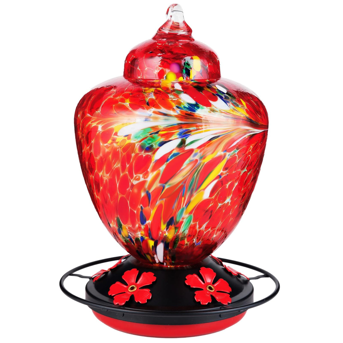 REZIPO hummingbird feeder with perch in red-fire provides a stable perch for visiting hummingbirds.