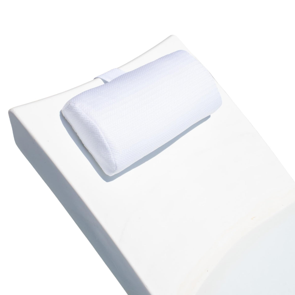 REZVANI headrest pillow on cloudy patio chaise lounge provides all-day comfort.