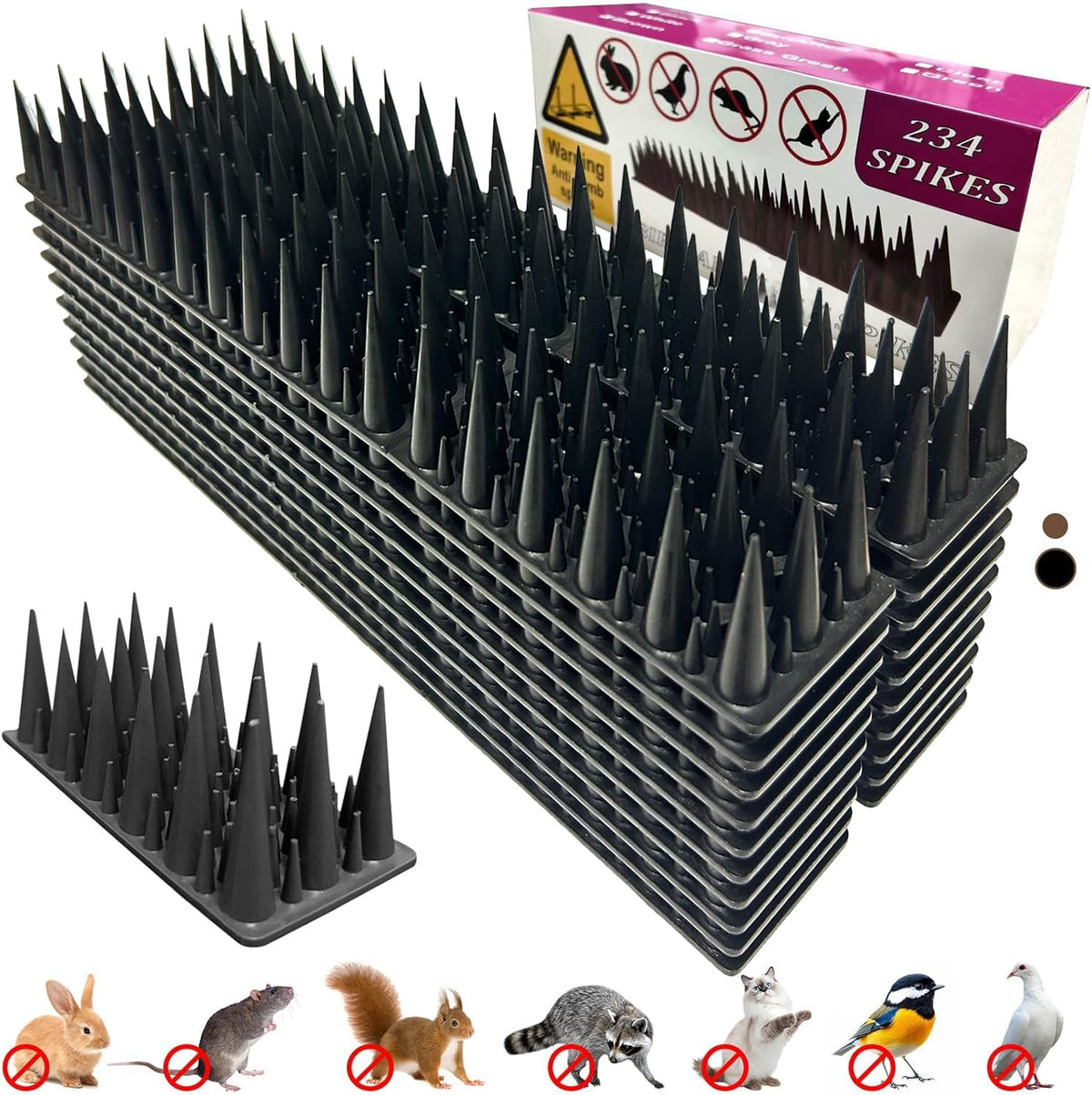 RGBRW bird spikes installed on a fence to deter landing