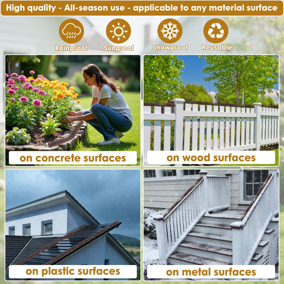 RGBRW spikes protect decks and balconies, guarding plants and reducing mess