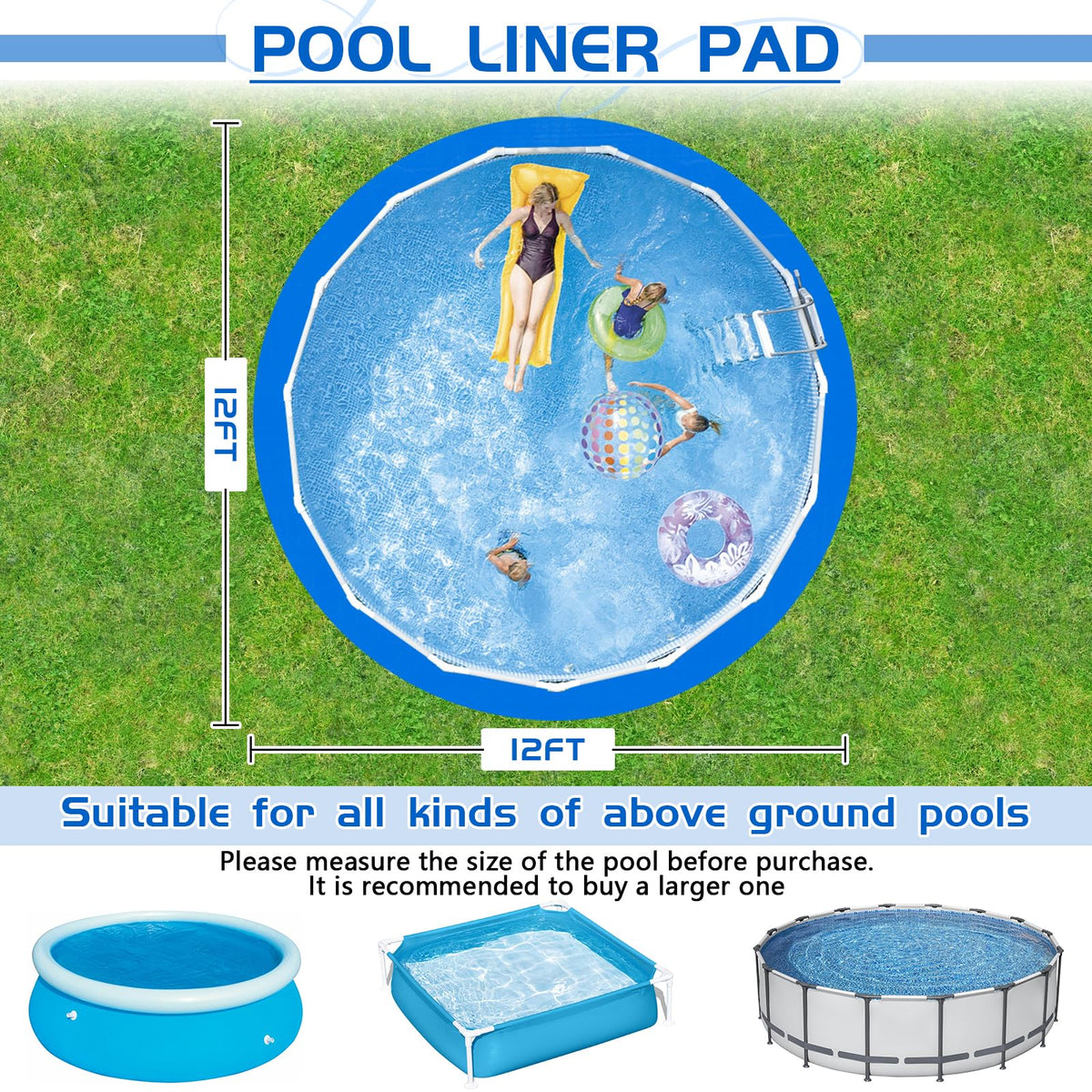 RGJ 12ft pool liner pad dual color design with blue front and orange back.