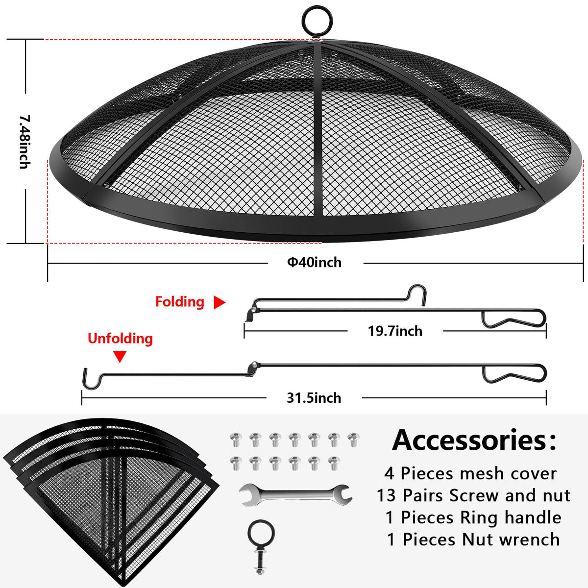 RGJ fire pit screen with handle and poker offers easy lifting
