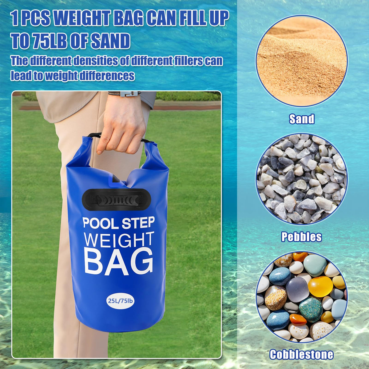 RGJ blue pool weights fit most steps and reduce wobble
