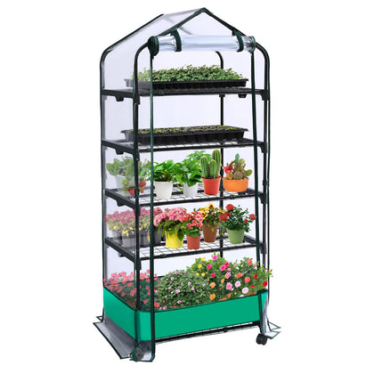 RHAHA five-tier greenhouse with wheels enables easy seasonal relocation for seedlings.
