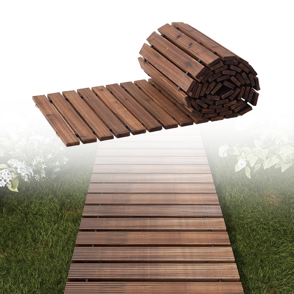 RHINEINMIST 12FT straight wooden pathway shows durable, all-weather design for outdoor events.
