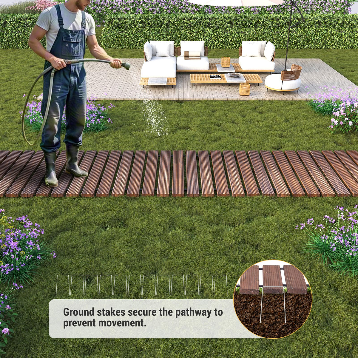 RHINEINMIST 6FT curved wooden pathway demonstrates flexible layout for winding garden paths.