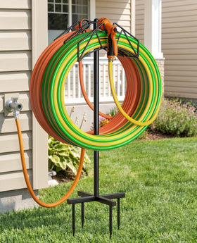 Rhino Valley Garden Hose Holder double-sided stand keeps hoses organized and accessible.