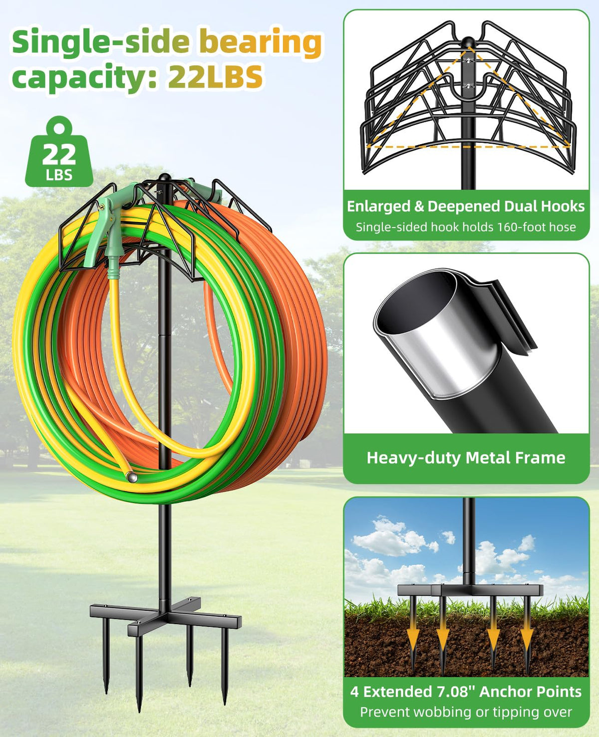 Rhino Valley Garden Hose Holder capacity: 160ft per side for organized storage.