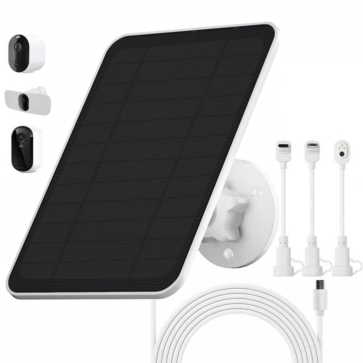 Rhorawill solar panel charger for Arlo, front view, enabling outdoor charging.