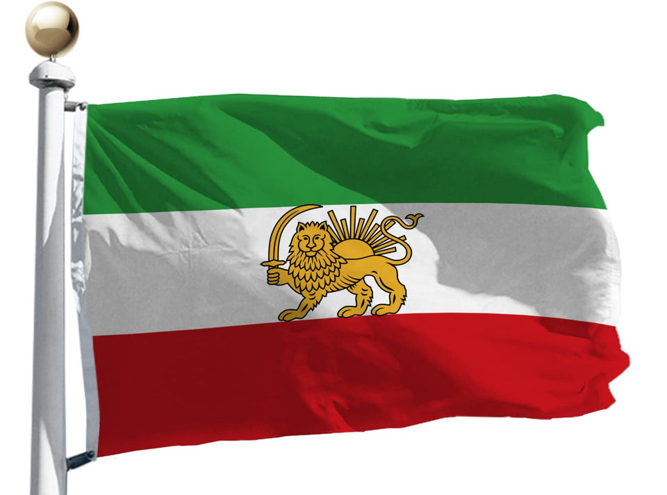 Rhungift double-sided Persian Iran flag 3x5 ft, front view with Lion Sun emblem and vibrant colors.