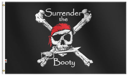 Rhungift pirate surrender the booty flag front view highlights bold Jolly Roger design for outdoor display.