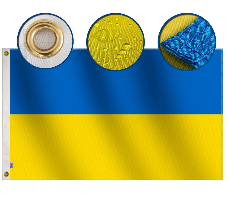 Rhungift Ukraine flag 3x5ft front view in durable nylon for outdoor display.