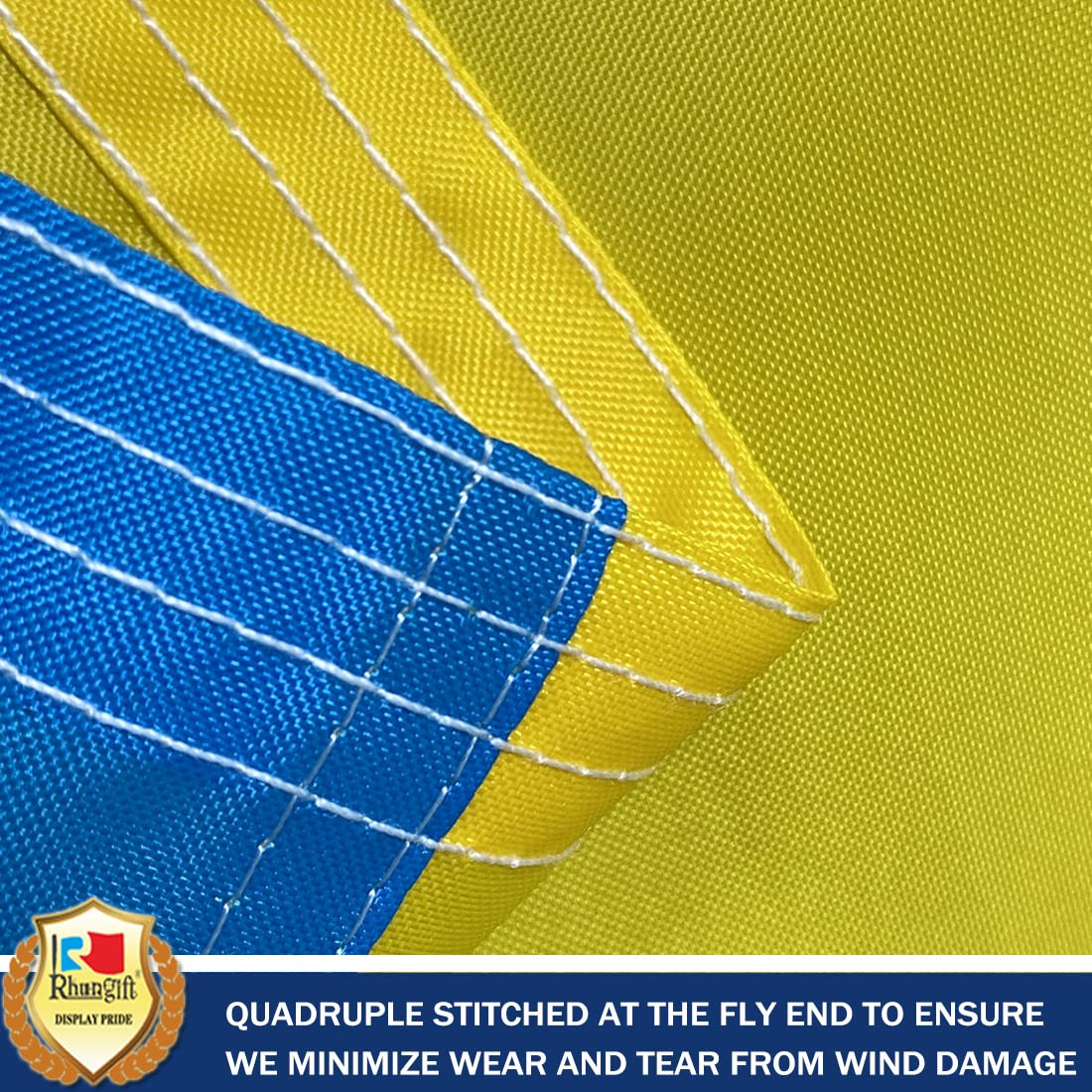 Rhungift Ukraine flag with quadruple stitching on the fly end for durability.