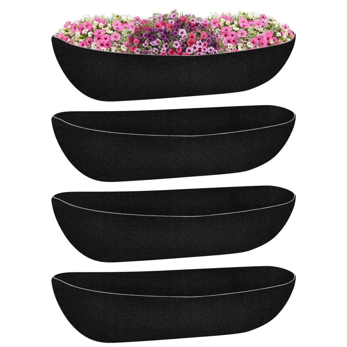 Riare 24-inch black felt window box liner assembly showing easy fit for baskets