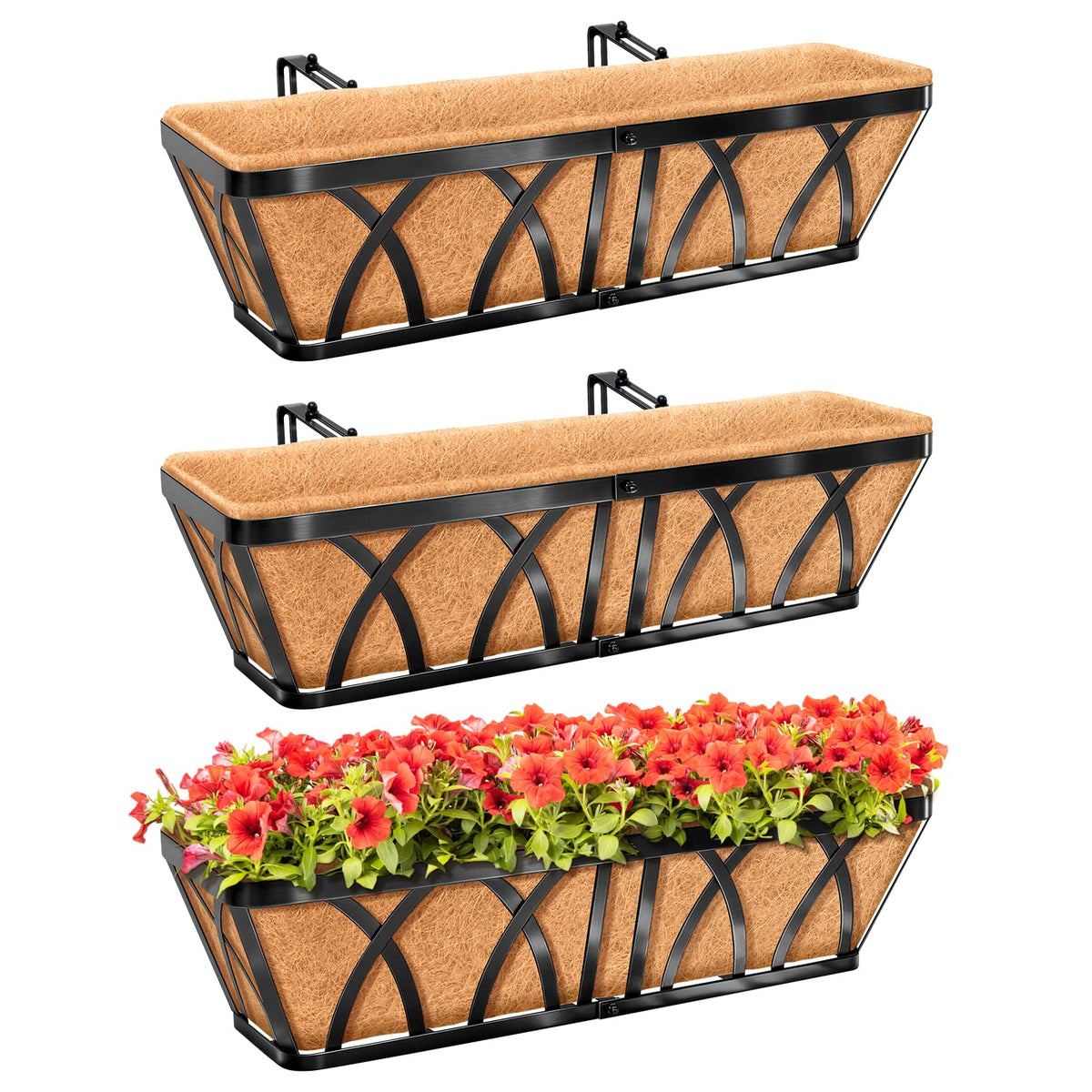 Riare 3-Pack railing planter with coco liner on railing for lush balcony greenery.