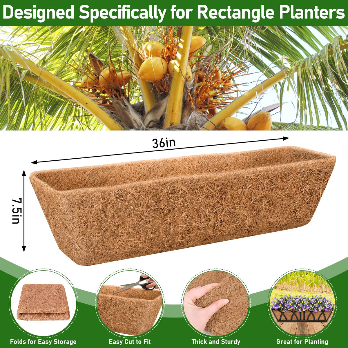 Riare 36-inch rectangular coconut liner showing pre-formed shape for easy fitting.