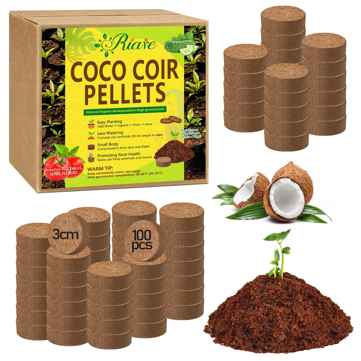 Riare coco coir seed pellets 100, ready to expand for seed starting