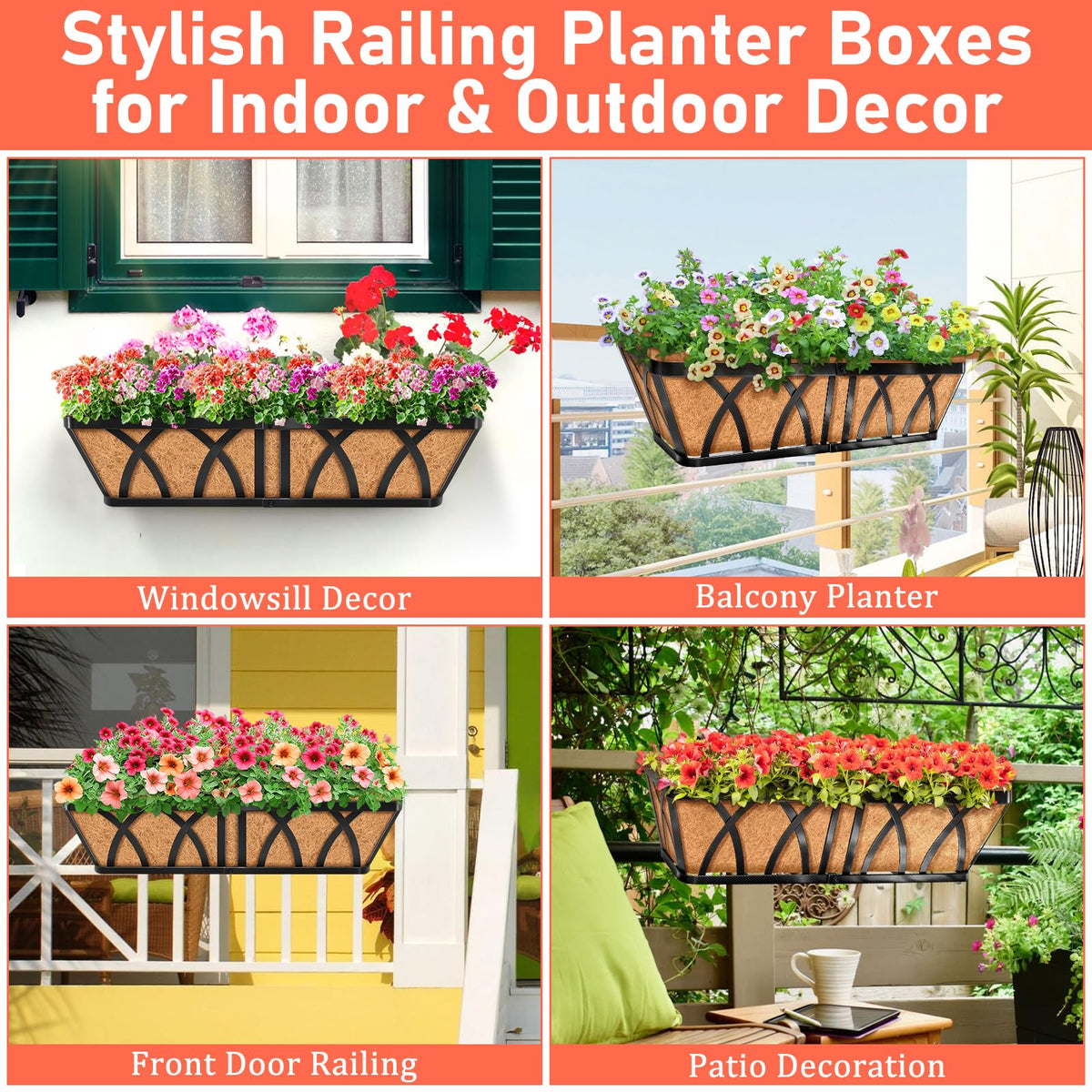 Riare deck rail planter elevates greenery on porch, stylishly.