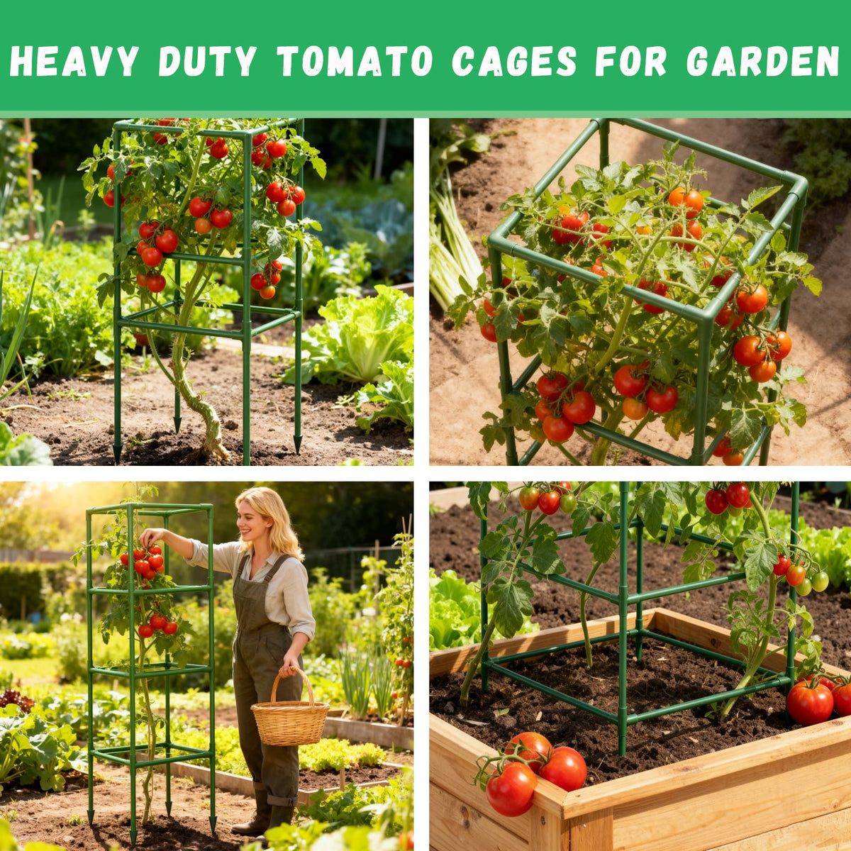 Riare garden setup with tomato cages fits beds, containers, and greenhouses.