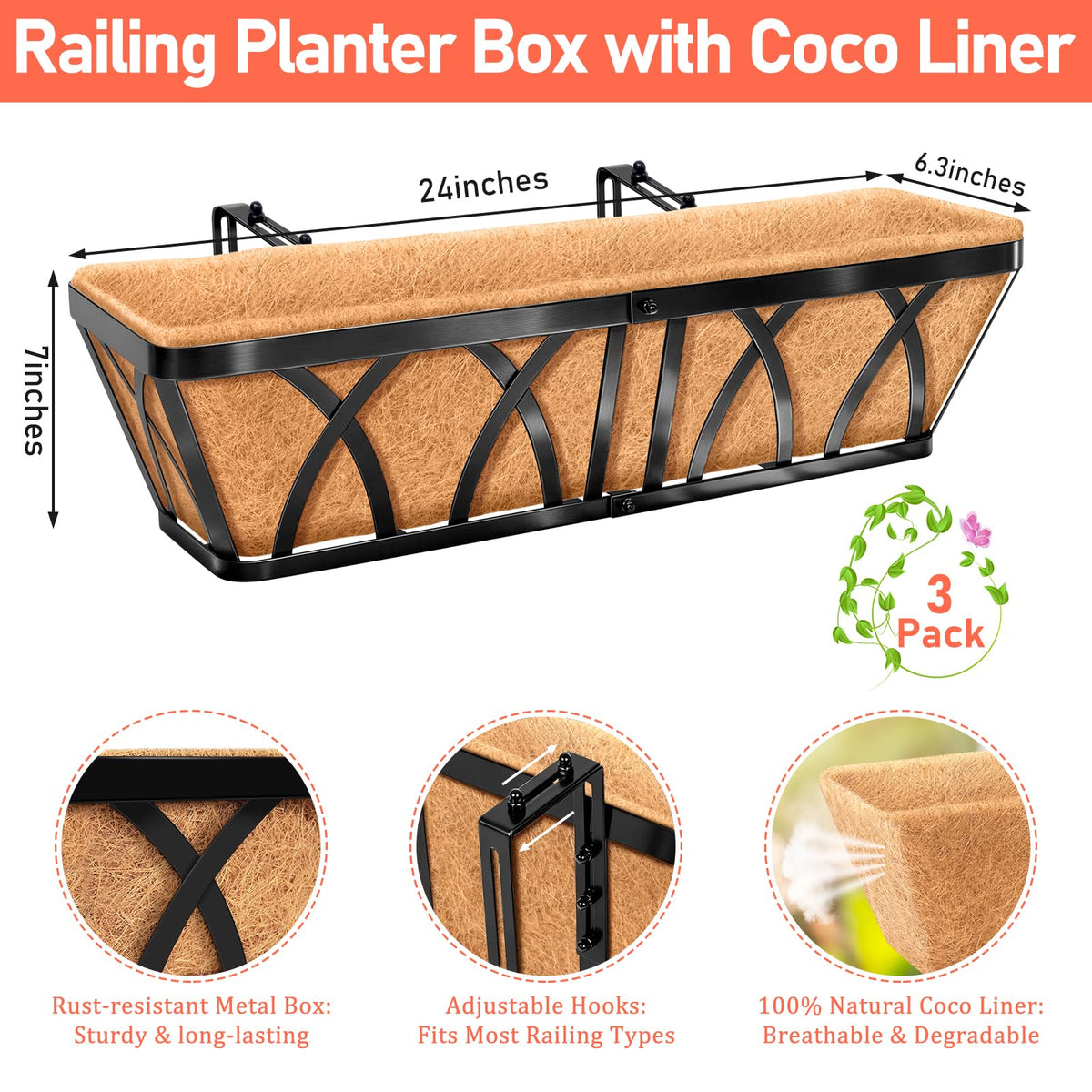 Riare heavy-duty iron railing planter showing reinforced welding for lasting durability.
