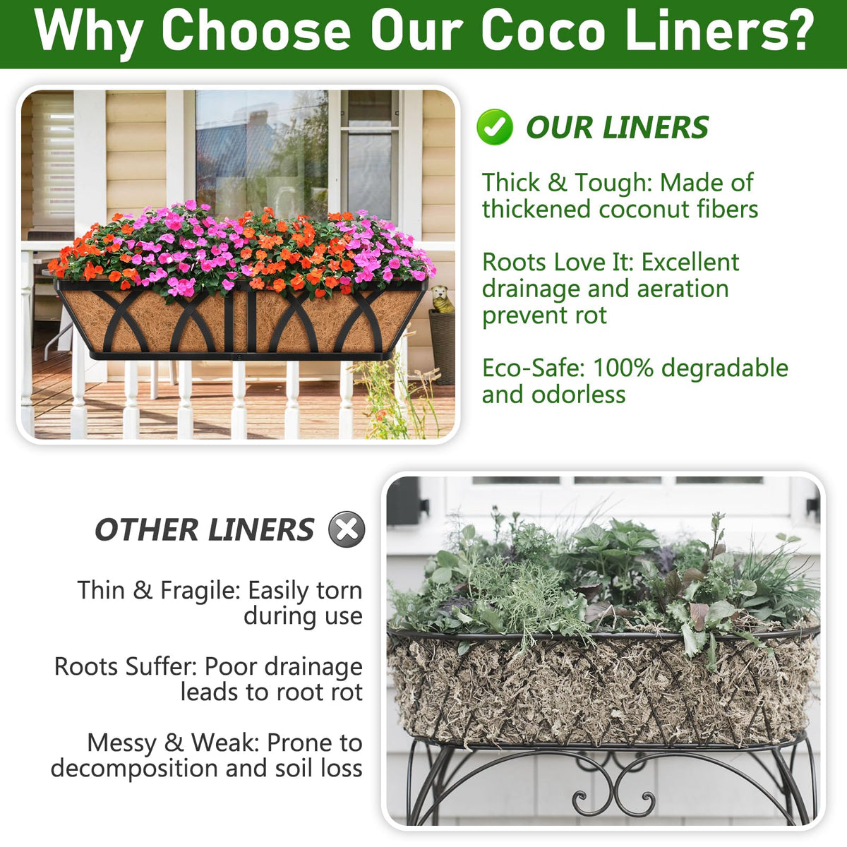 Riare liner demonstrates moisture control and breathable coconut fiber for healthier plants.