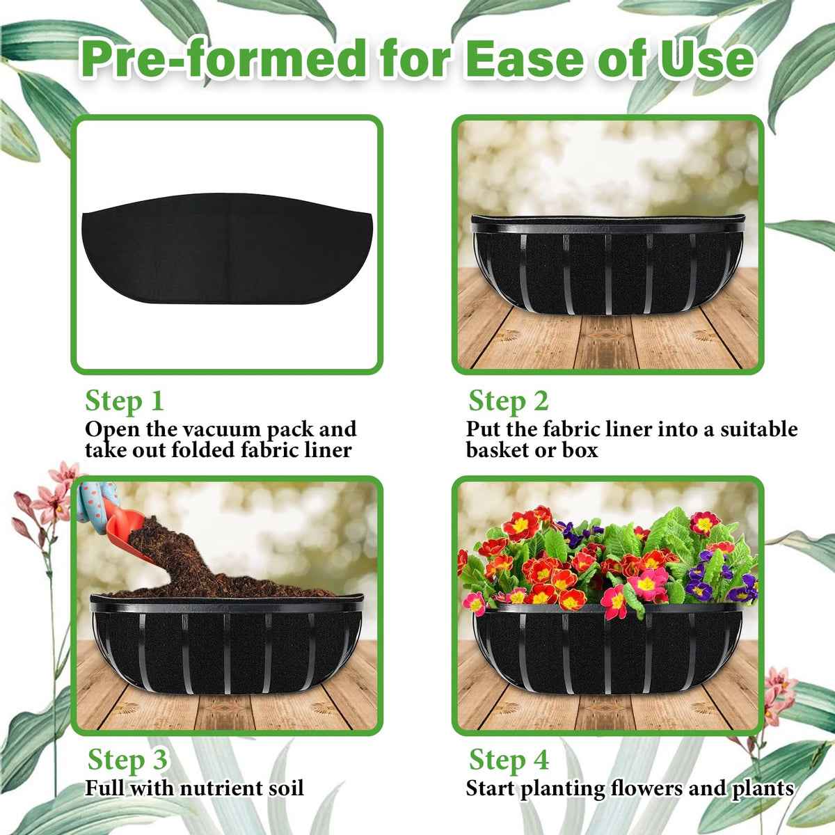 Riare liners suit outdoor baskets, patios, and festive garden decorations.