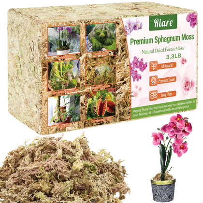 Riare premium sphagnum moss package ready to hydrate for expanded potting volume.