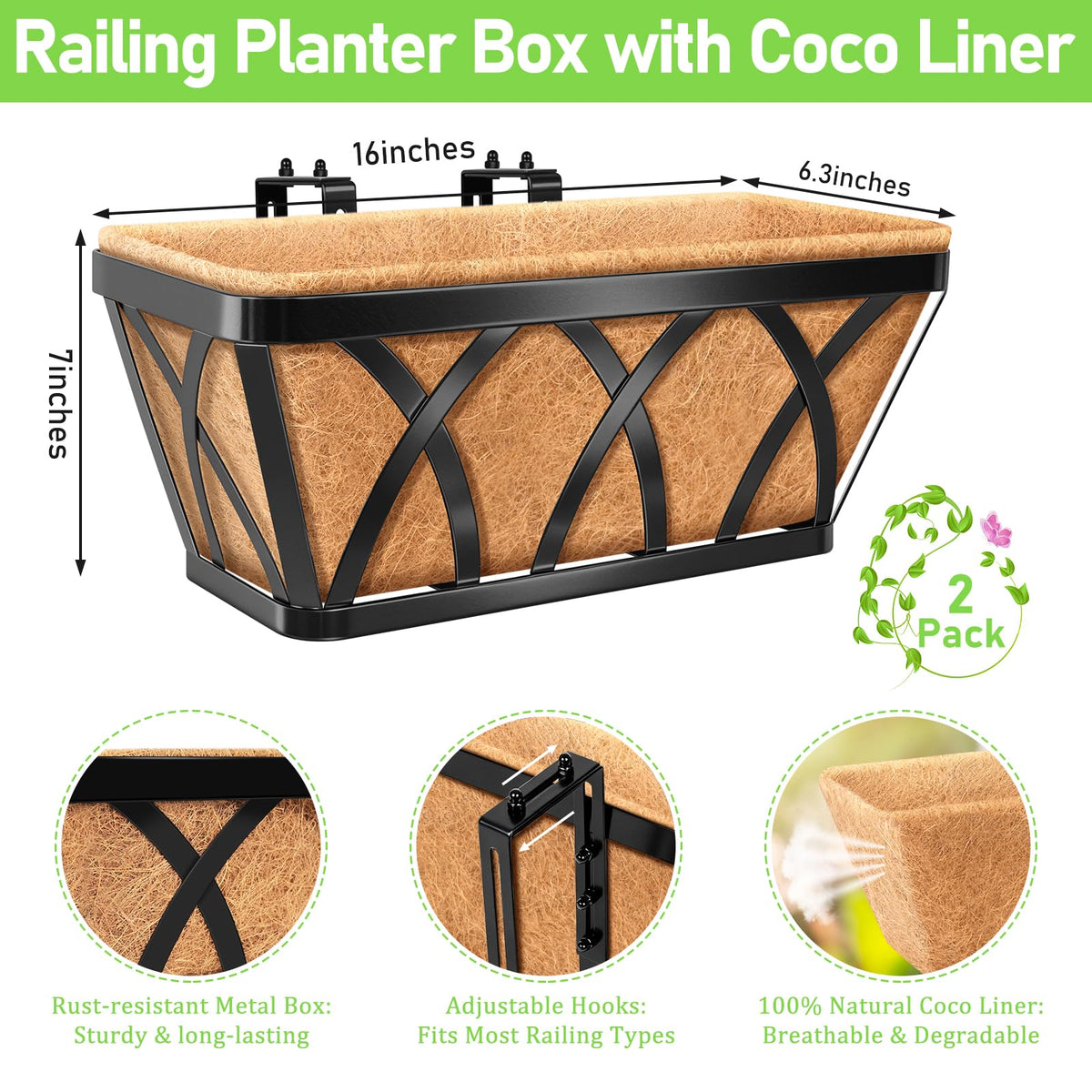 Riare railing planter coco liner close-up showing breathability and drainage for healthy roots.